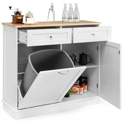 Costway Kitchen Trash Cabinet Tilt Out Trash Bin Cabinet Freestanding Recycling Cabinet W/ 2 Drawers White