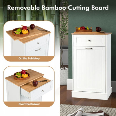 Freestanding Tilt-Out Trash Cabinet With Cutting Board - White Kitchen Garbage Station With Hidden Storage