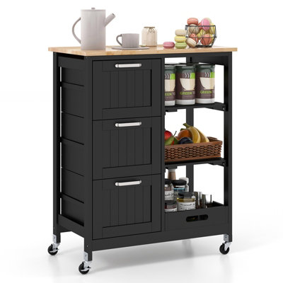 Costway Kitchen Trolley Wooden w/3 Drawers Storage & Lockable Wheels