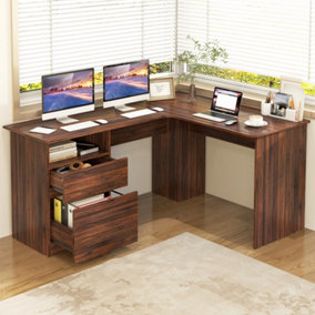 Costway L Shaped Computer Desk 150cm Corner Study Writing Desk with Letter File Drawer