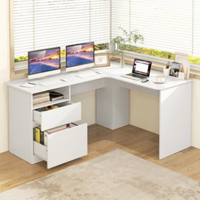 Costway L Shaped Computer Desk 150cm Corner Study Writing Desk with Letter File Drawer