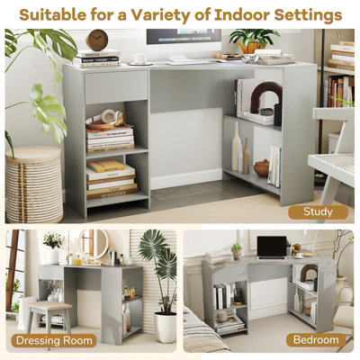 COSTWAY L-Shaped Computer Desk Compact Corner Executive Desk w/Storage-Grey