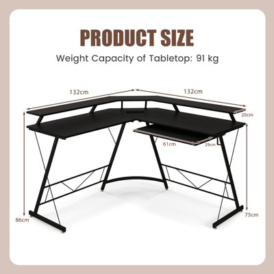 Costway L-shaped Computer Desk Ergonomic Gaming Table Study Workstation W/ Power Outlet