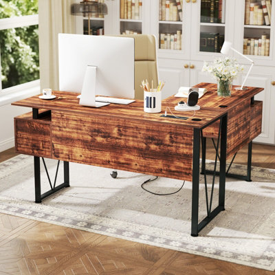 COSTWAY L shaped Computer Desk w Power Outlets 150 CM Corner Desk with 3 Storage Drawers