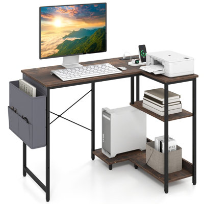Costway L-Shaped Computer Desk with Integrated Charging Hub-Brown