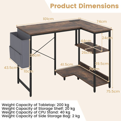 Costway L-Shaped Computer Desk with Integrated Charging Hub-Brown