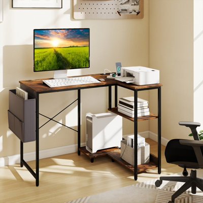 Costway L-Shaped Computer Desk with Integrated Charging Hub-Brown