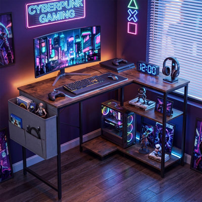Costway L-Shaped Computer Desk with Integrated Charging Hub-Brown