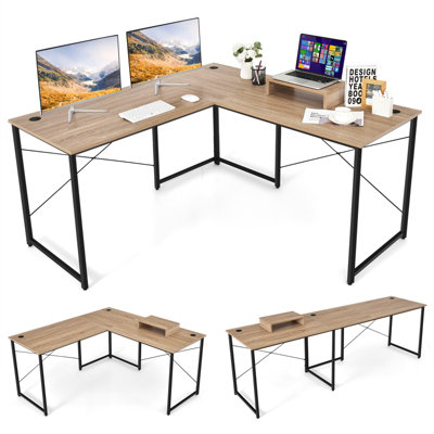 Costway L-Shaped Corner Computer Desk Reversible Study Writing Desk Workstation Home Office Laptop Table Natural