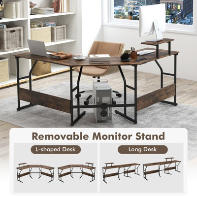 COSTWAY L shaped Desk Long 2 Person Corner Computer Desk w Monitor Stand
