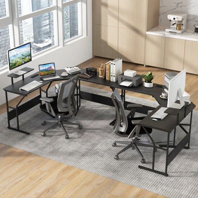 COSTWAY L shaped Desk Long 2 Person Corner Computer Desk w Monitor Stand