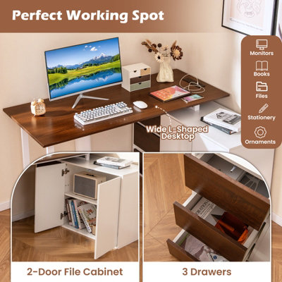 COSTWAY L-Shaped Desk with File Cabinet Reversible Corner Computer Desk with 3 Drawers