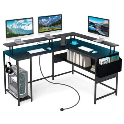 COSTWAY L-Shaped Gaming Desk Computer Desk w/ LED Lights & Power Outlets-Black
