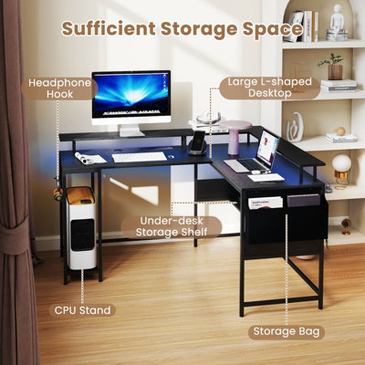 COSTWAY L-Shaped Gaming Desk Computer Desk w/ LED Lights & Power ...