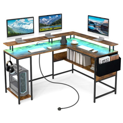 COSTWAY L-Shaped Gaming Desk Computer Desk w/ LED Lights & Power Outlets-Brown