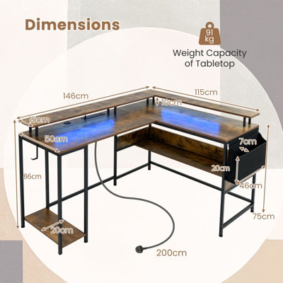 COSTWAY L-Shaped Gaming Desk Computer Desk w/ LED Lights & Power Outlets-Brown
