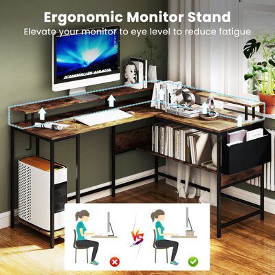 COSTWAY L-Shaped Gaming Desk Computer Desk w/ LED Lights & Power Outlets-Brown