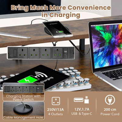 COSTWAY L-Shaped Gaming Desk Computer Desk w/ LED Lights & Power Outlets-Brown