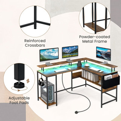 COSTWAY L-Shaped Gaming Desk Computer Desk w/ LED Lights & Power Outlets-Brown