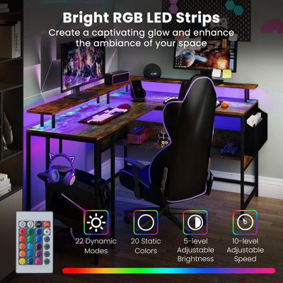 COSTWAY L-Shaped Gaming Desk Computer Desk w/ LED Lights & Power Outlets-Brown