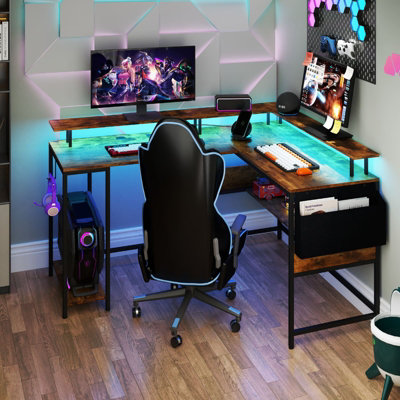 COSTWAY L-Shaped Gaming Desk Computer Desk w/ LED Lights & Power Outlets-Brown