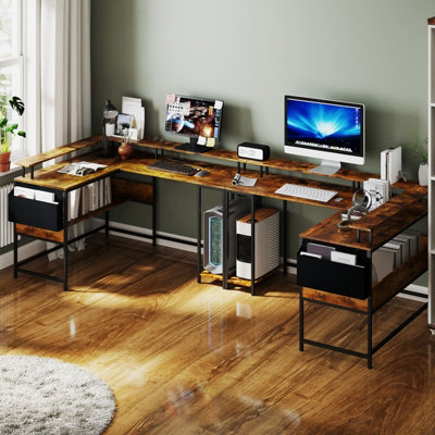 COSTWAY L-Shaped Gaming Desk Computer Desk w/ LED Lights & Power Outlets-Brown