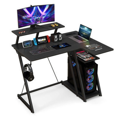 Costway L-Shaped Gaming Desk Small Computer Desk w/ Monitor Shelf & Outlets