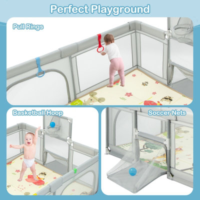Costway Large Baby Playpen Activity Centre w/Mat Basketball Hoop Soccer Nets & Pull Rings - 3