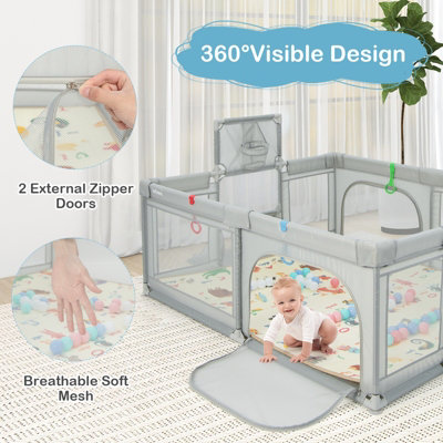 Costway Large Baby Playpen Activity Centre w/Mat Basketball Hoop Soccer Nets & Pull Rings - 5
