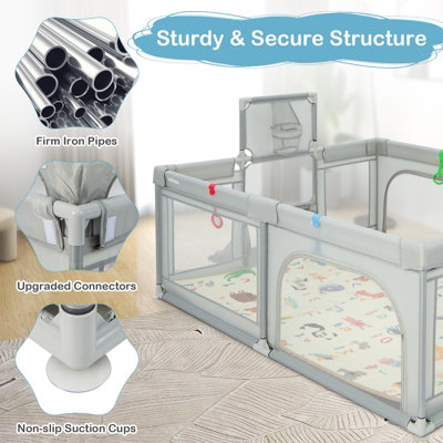 Costway Large Baby Playpen Activity Centre w/Mat Basketball Hoop Soccer Nets & Pull Rings - 6