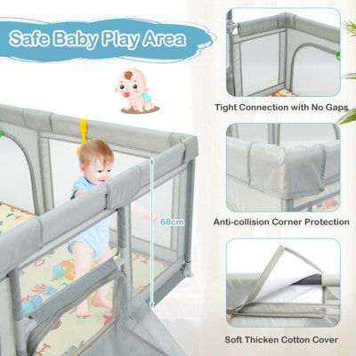 Costway Large Baby Playpen Activity Centre w/Mat Basketball Hoop Soccer Nets & Pull Rings - 7