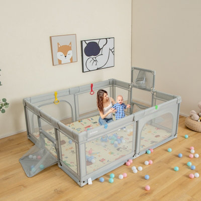 Costway Large Baby Playpen Activity Centre w/Mat Basketball Hoop Soccer Nets & Pull Rings - 8