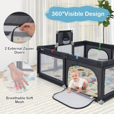COSTWAY Baby Foldable Running Stall with Mattress, Basketball Basket, Football Nets and 50 Play Balls, Breathable Net and Carry Bag - Toddlers, Light Grey (Small