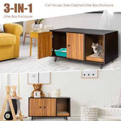 Costway Large Cat Litter Box Enclosure Furniture Wooden Kitty Washroom Hidden Washroom