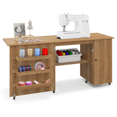 Costway Large Foldable Sewing Table Rolling Drop Leaf Craft Table ...