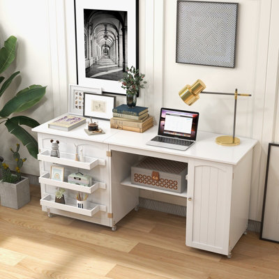 Costway Large Foldable Sewing Table Rolling Drop Leaf Craft Table Computer Desk w/ Lockable Casters