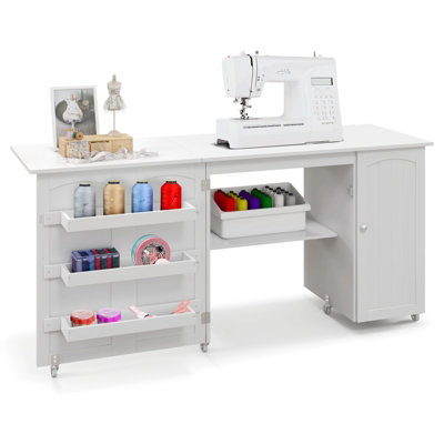Costway Large Foldable Sewing Table Rolling Drop Leaf Craft Table Computer Desk w/ Lockable Casters