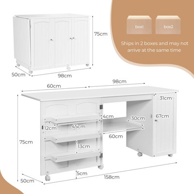 Costway Large Foldable Sewing Table Rolling Drop Leaf Craft Table Computer Desk w/ Lockable Casters