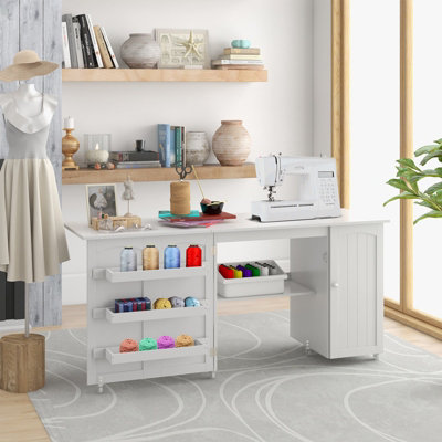 Costway Large Foldable Sewing Table Rolling Drop Leaf Craft Table Computer Desk w/ Lockable Casters