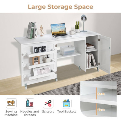 Costway Large Foldable Sewing Table Rolling Drop Leaf Craft Table Computer Desk w/ Lockable Casters
