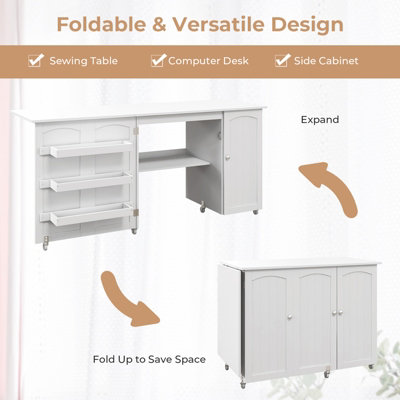 Costway Large Foldable Sewing Table Rolling Drop Leaf Craft Table Computer Desk w/ Lockable Casters