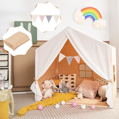 Costway Large Kids Play Tent Children Play House With Washable Cotton Mat Flag Banner