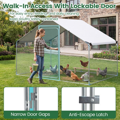 COSTWAY Large Metal Chicken Coop 300 x 203 x 202 CM Walk-in Chicken Run with Waterproof Cover