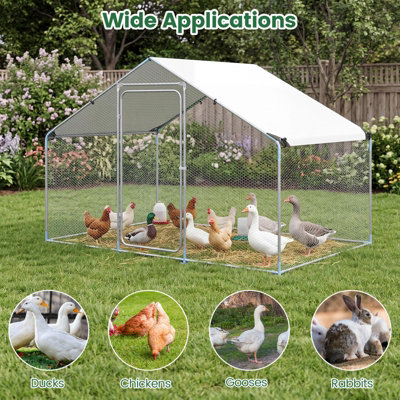 COSTWAY Large Metal Chicken Coop 300 x 203 x 202 CM Walk-in Chicken Run with Waterproof Cover
