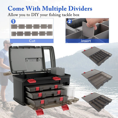 Costway Large Tackle Box Portable Fishing Box w/ 3 Customizable Boxes-Grey