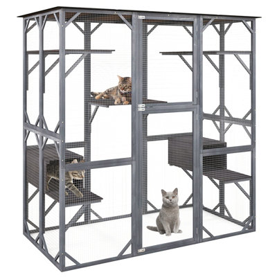 COSTWAY Large Wooden Cat House Kitten Cage Enclosure Walk-in Cat