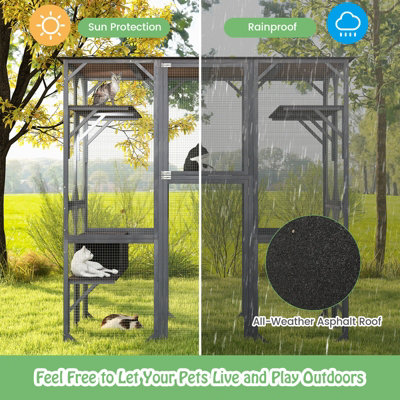 COSTWAY Large Wooden Cat House Kitten Cage Enclosure Walk-in Cat