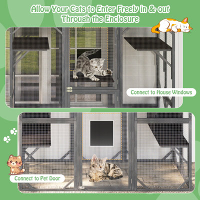 COSTWAY Large Wooden Cat House Kitten Cage Enclosure Walk-in Cat