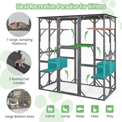 COSTWAY Large Wooden Cat House Kitten Cage Enclosure Walk-in Cat