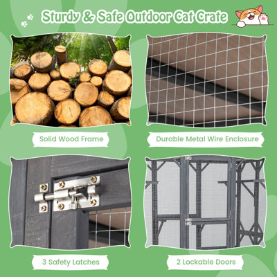 COSTWAY Large Wooden Cat House Kitten Cage Enclosure Walk-in Cat
